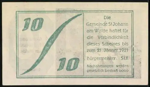 Notgeld St. Johann am Walde 1921, 10, Eule mit Pfeife auf Ast sitzend, 2. Auflage