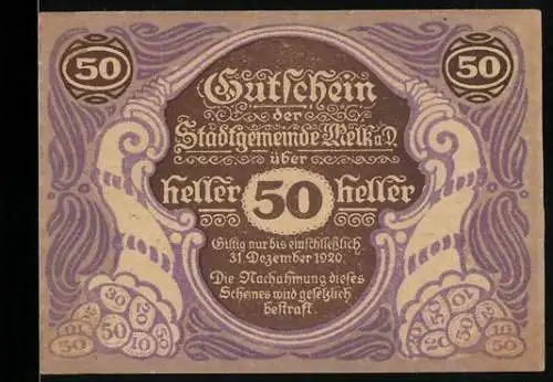 Notgeld Melk 1920, 50 Heller, Stadtansicht und dekoratives Muster, Wappen