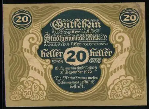 Notgeld Melk 1920, 20 Heller, Stadtansicht und Wappen, Gültig bis 31. Dezember 1920