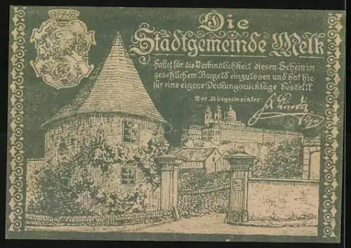 Notgeld Melk 1920, 20 Heller, Stadtansicht und Wappen, Gültig bis 31. Dezember 1920