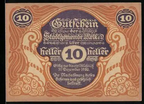 Notgeld Melk 1920, 10 Heller, Stadtansicht und Wappen, dekorative Ornamente