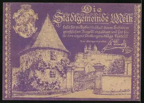 Notgeld Melk 1920, 10 Heller, Stadtansicht und Wappen, dekorative Ornamente