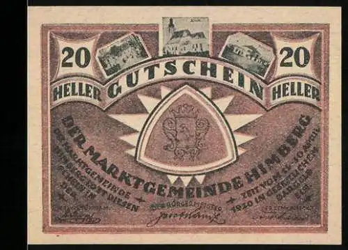 Notgeld Himberg 1920, 20 Heller, Gutschein mit Wappen und Stadtansichten