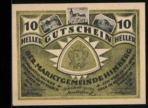 Notgeld Himberg 1920, 10 Heller, Wappen und historische Gebäudeansichten