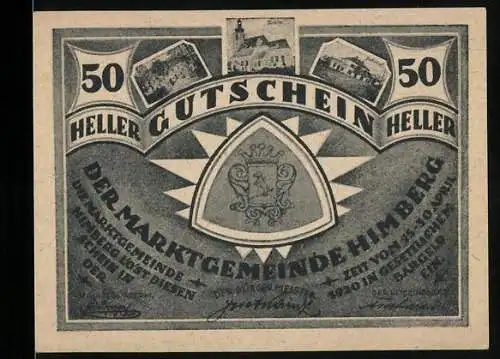 Notgeld Himberg, 50 Heller, Wappen und Ortsansichten, 1920