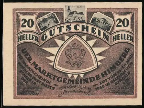 Notgeld Himberg 1920, 20 Heller, Wappen und Ansichten von Gebäuden