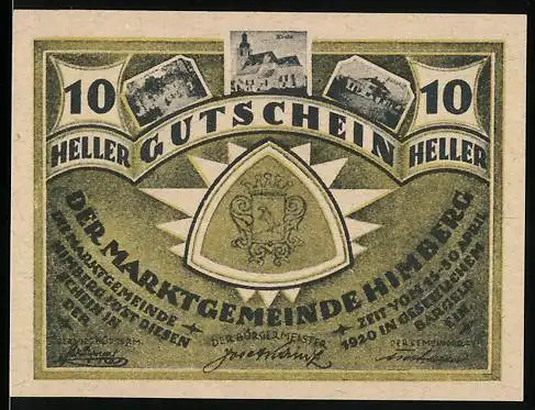 Notgeld Himberg 1920, 10 Heller, Wappen und Gebäudeansichten der Marktgemeinde