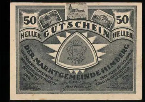 Notgeld Himberg 1920, 50 Heller, Wappen der Marktgemeinde, Gebäudeansichten im Hintergrund