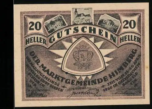 Notgeld Himberg 1920, 20 Heller, Wappen und Gebäudeansichten