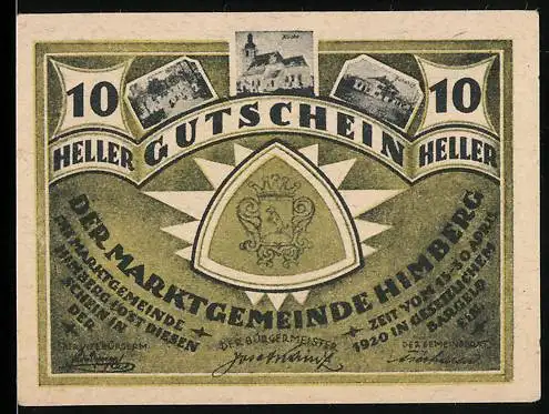 Notgeld Himberg 1920, 10 Heller, Gemeindewappen und Ansichten von Himberg