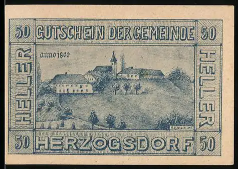 Notgeld Herzogsdorf 1920, 50 Heller, Dorflandschaft mit Kirche, gültig bis 31. Dezember 1920