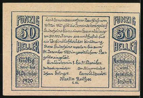 Notgeld Herzogsdorf 1920, 50 Heller, Dorflandschaft mit Kirche, gültig bis 31. Dezember 1920