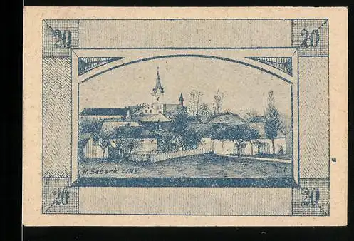 Notgeld Herzogsdorf 1920, 20 Heller, Dorflandschaft und Textpassagen