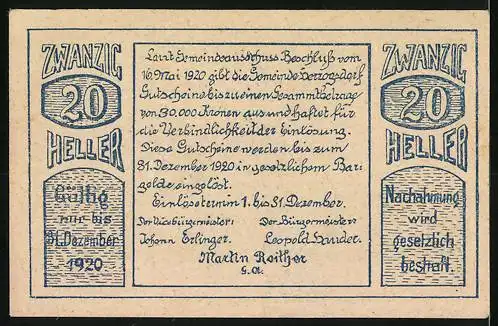 Notgeld Herzogsdorf 1920, 20 Heller, Dorflandschaft und Textpassagen