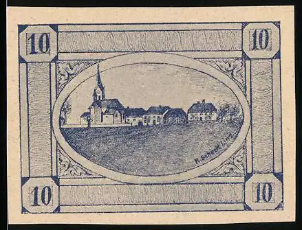 Notgeld Herzogsdorf 1920, 10 Heller, Dorflandschaft mit Kirche