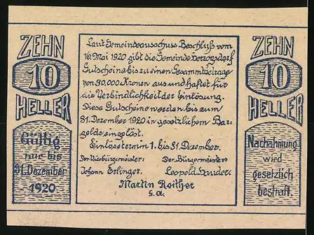 Notgeld Herzogsdorf 1920, 10 Heller, Dorflandschaft mit Kirche