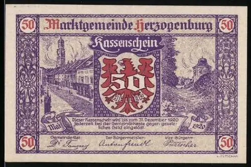 Notgeld Herzogenburg 1920, 50 Heller, Stadtansicht und Wappen, violett