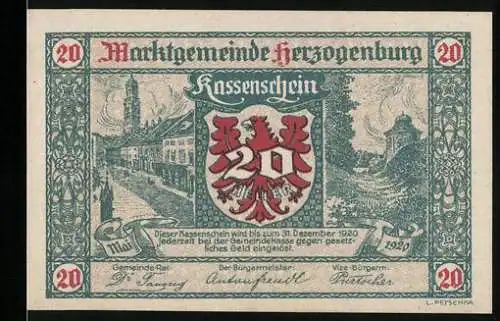 Notgeld Herzogenburg 1920, 20 Heller, Stadtansicht mit Wappen und Kirche