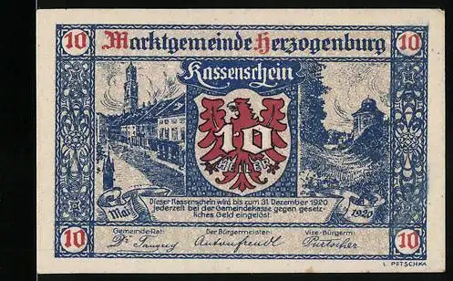 Notgeld Herzogenburg 1920, 10 Heller, Stadtansicht und Wappen, blau-rot Design