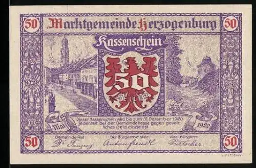 Notgeld Herzogenburg 1920, 50 Heller, Wappen und Stadtansicht im Hintergrund