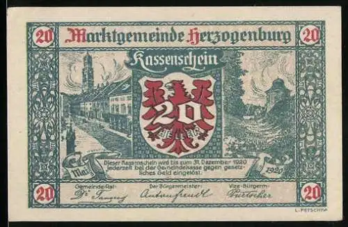 Notgeld Herzogenburg 1920, 20 Heller, Stadtansicht und Wappen, Seriennummer und Unterschriften