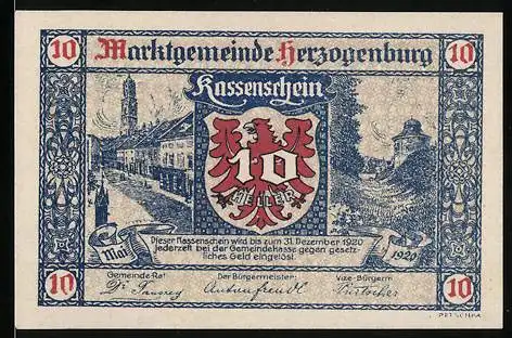 Notgeld Herzogenburg 1920, 10 Heller, Wappen und Stadtansicht mit Kirche und Turm