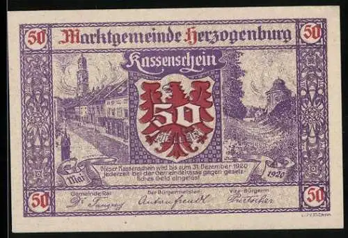 Notgeld Herzogenburg 1920, 50 Heller, Stadtansicht und Wappen, lila Gestaltung