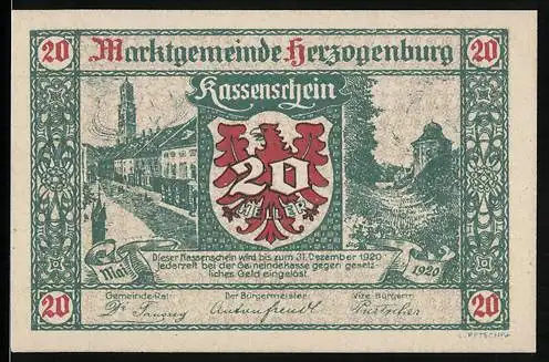 Notgeld Herzogenburg 1920, 20 Heller, Stadtansicht und Wappen, grün-rot gestaltet