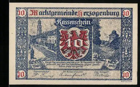 Notgeld Herzogenburg 1920, 10 Heller, Stadtansicht mit Wappen, Seriennummer und Jahreszahl