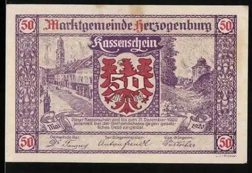 Notgeld Herzogenburg 1920, 50 Heller, Stadtansicht mit Wappen und Verzierungen