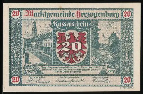 Notgeld Herzogenburg 1920, 20 Heller, Stadtansicht und Wappen im Zentrum