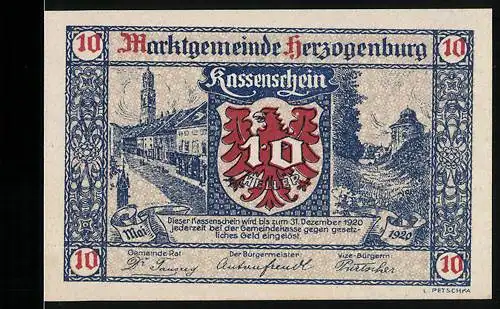 Notgeld Herzogenburg 1920, 10 Mark, Wappen und Stadtansicht, Kassenschein, Seriennummer und Ortswappen