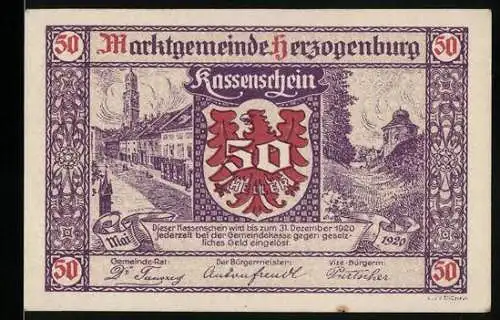 Notgeld Herzogenburg 1920, 50 Heller, Stadtansicht mit Wappen und ländlicher Szene