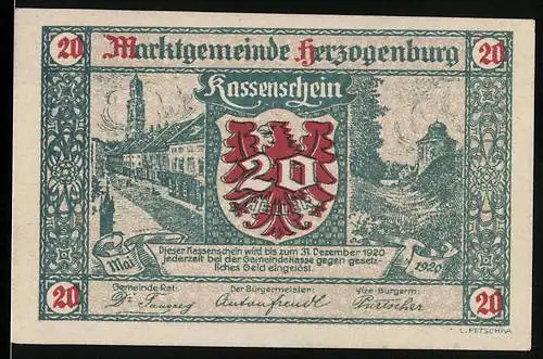 Notgeld Herzogenburg 1920, 20 Heller, Stadtansicht mit Wappen und Datum, Seriennummer und Unterschriften