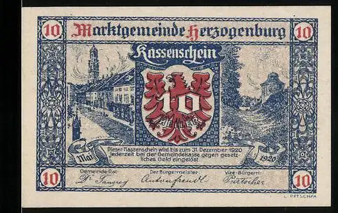 Notgeld Herzogenburg 1920, 10 Heller, Wappen und Stadtansicht, Seriennummer und Gemeinderäte erwähnt