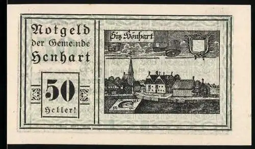 Notgeld Höhnhart 1920, 50 Heller, Gemeindeansicht mit Kirche und Wappen