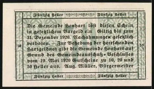 Notgeld Höhnhart 1920, 50 Heller, Gemeindeansicht mit Kirche und Wappen