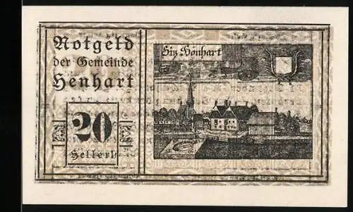 Notgeld Höhnhart 1920, 20 Heller, Dorfansicht mit Kirche und Wappen