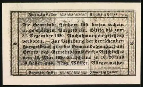 Notgeld Höhnhart 1920, 20 Heller, Dorfansicht mit Kirche und Wappen