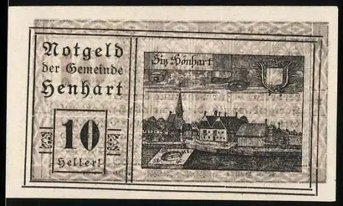 Notgeld Höhnhart 1920, 10 Heller, Ansicht von Hönhart mit Kirche und Wappen