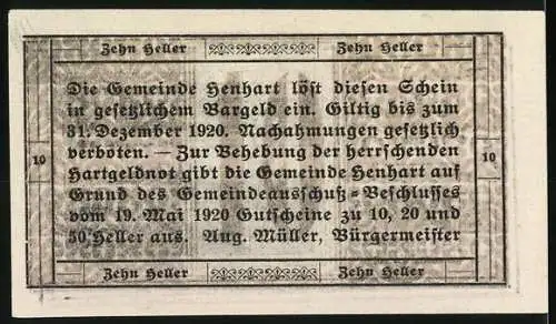 Notgeld Höhnhart 1920, 10 Heller, Ansicht von Hönhart mit Kirche und Wappen