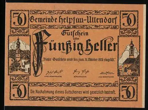 Notgeld Helpfau-Uttendorf 1920, 50 Heller, Kirche und Dorfansicht, Gutschein bis 31. Oktober 1920