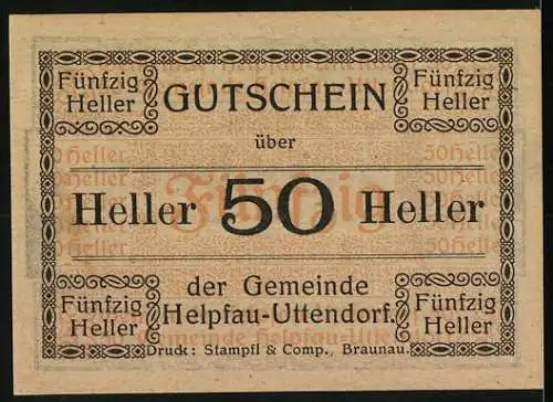 Notgeld Helpfau-Uttendorf 1920, 50 Heller, Kirche und Dorfansicht, Gutschein bis 31. Oktober 1920