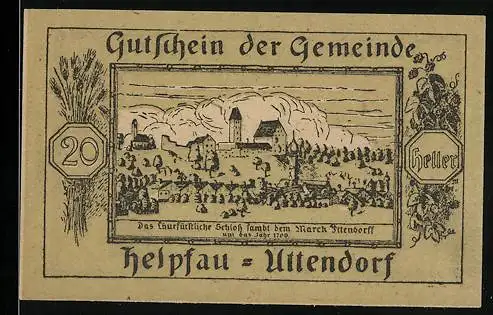 Notgeld Helpfau-Uttendorf 1920, 20 Heller, Landschaft mit Schloss und Dorfansicht