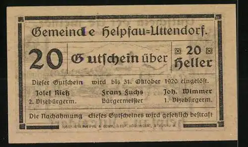 Notgeld Helpfau-Uttendorf 1920, 20 Heller, Landschaft mit Schloss und Dorfansicht