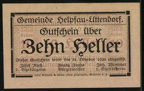 Notgeld Helpfau-Uttendorf 1920, 10 Heller, Stadtansicht und Gültigkeitshinweis