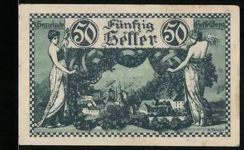 Notgeld Helfenberg 1920, 50 Heller, zwei Figuren mit Kranz und Stadtansicht im Hintergrund