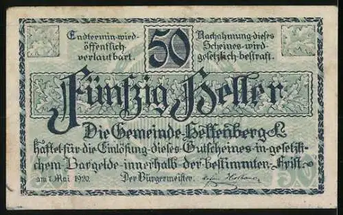 Notgeld Helfenberg 1920, 50 Heller, zwei Figuren mit Kranz und Stadtansicht im Hintergrund