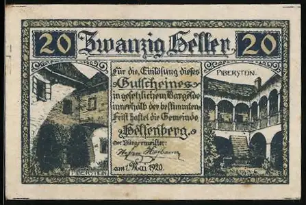 Notgeld Helfenberg 1920, 20 Heller, Burghof-Motive und gotische Schriftzüge