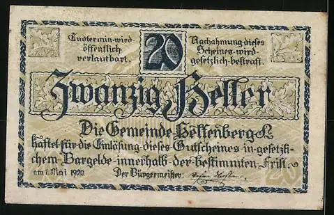 Notgeld Helfenberg 1920, 20 Heller, Burghof-Motive und gotische Schriftzüge